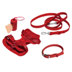Conjunto Premium de accesorios para paseo, collar, correa, portabolsas y pechera Color Rojo